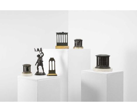 A collection of grand tour bronzes, late 19th/early 20th century, comprising three architectural models of the Temple of Vest