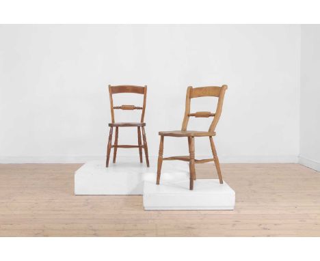 A harlequin set of eight elm and beech Oxford single chairs,  late 19th/early 20th century, each with a bar back and ring-tur