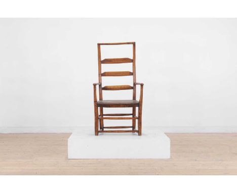 A vernacular elm ladder-back open armchair, first half of the 19th century, with turned supports united by stretchers,57cm wi