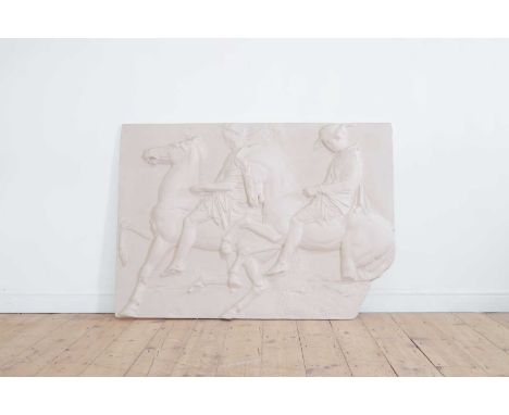 An imitation marble relief panel after the antique, of recent manufacture, depicting a pair of horsemen in a procession, from