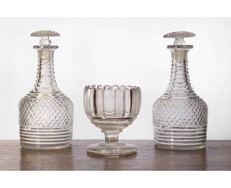 A group of cut table glass, early 19th century and later, Anglo-Irish, comprising:a pair of decanters, each with a diamond-cu