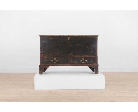 A George III provincial painted pine mule chest, late 18th century, the hinged lid above two short drawers, raised on bracket