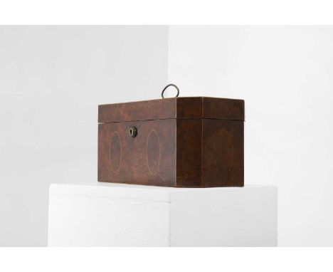 A George III yew wood tea caddy, the silver-mounted hinged lid with inlaid medallions and marquetry banding, enclosing a fitt
