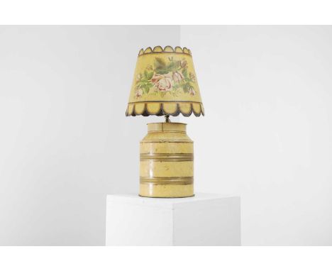 A toleware table lamp, the cylindrical tea-canister body with gilt bands to a yellow ground, with a matching scalloped shade 