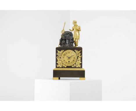 An Empire-style patinated and gilt-bronze mantel clock, 19th century, French, signed 'Dupont of Paris' and numbered '2824' to