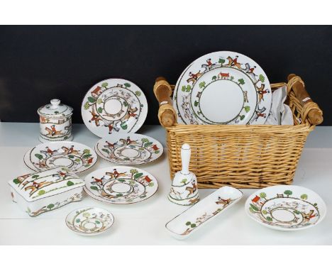 Quantity of eleven crown Staffordshire hunting scene fine bone China items to include preserve pot, plates, bell etc.