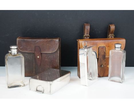 Two leather cased hunting glass flask and sandwich box sets, one flask having hallmarked silver top.