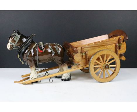 Mid 20th century Melba Ware Shire horse and wooden cart figurine with leather tack, H 20cm