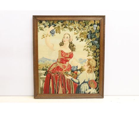 19th century needle point tapestry embroidery depicting mother with girl picking grapes, 73 x 60cm, framed