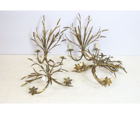 Collection of five gilded leaf wall lamps in the form of sheafs of corn and flowers, two light branches to each (1 box)