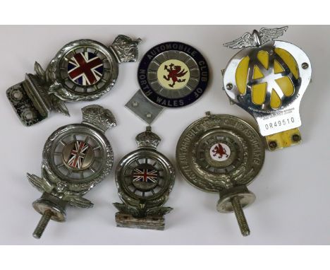 A collection of vintage car grill badges to include Automobile Association (A.A) and early Royal Automobile Association (R.A.