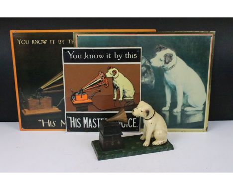 Three His Master's Voice HMV vintage advertising signs, largest H 30cm W 40cm together with a cast metal model of dog and gra