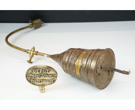 A Depot Royal Vinolia Toilet Luxuries brass double sided sign together with an unusual brass item marked T. Johnson by Mellor