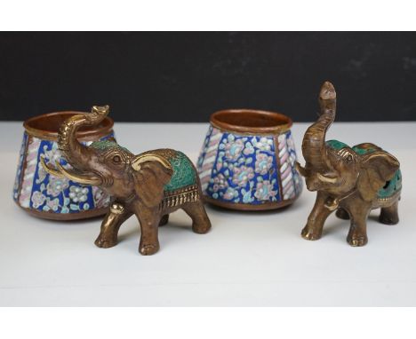 Two cast metal elephants with turquoise detailing together with two Middle Eastern art enamelled copper pots, H 7cm