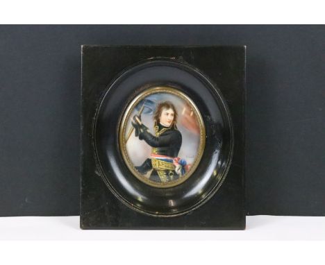20th century oval portrait miniature, depicting Napoleon, watercolour on ivorine, signed 'Smart' lower right, Latin passage v