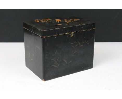 Black lacquer Japanese lidded tea caddy box with hand painted bird and foliage detail, H 15.5cm D 13cm W 18.5cm