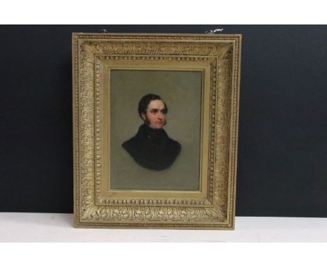 19th century English school, head and shoulders portrait study of a gentleman, oil on panel, 26 x 19cm, gilt framed