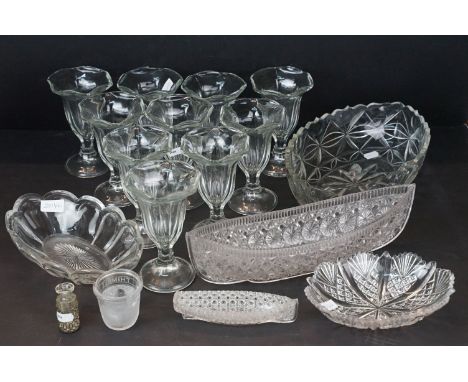 20th century selection of pressed glass to include ten sundae glasses, darling boat examples, thimble shot glass, bowls, serv