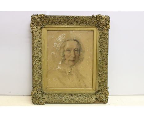 19th century portrait of a lady in lace cap, pastel, 41 x 32cm, in ornate gilt frame