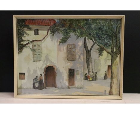 R Eves, Continental street scene with figures, watercolour, signed lower right, 38.5 x 51.5cm, framed and glazed