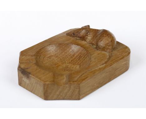 A Robert "Mouseman" Thompson oak ashtray with carved mouse signature.