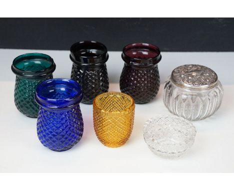 Selection of Victorian pressed glass pieces to include coloured small light holder examples, one piece marked 'S. Clarke Fair