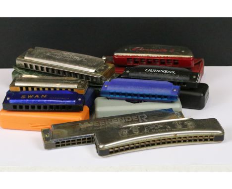 Eight harmonicas including cased Hohner ‘ The Super Chromonic ‘,  cased Hohner Chrometta, cased Victory, cased Swan, cased Gu