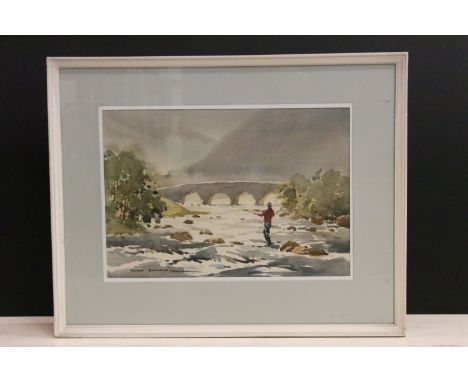 Frank Duffield (British, 1908 - 1982), fly fisherman casting, watercolour, signed lower left, label verso inscribed 'Bristol 