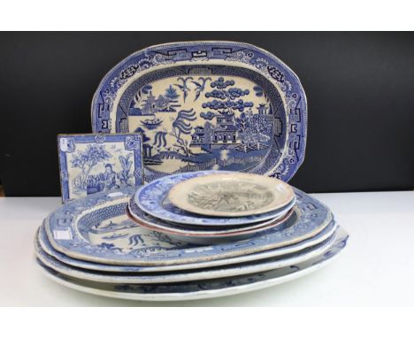 Selection of large meat platter plates, to include Willow pattern Ironstone designs, pagoda scene, blue oval floral, Stafford