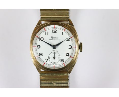 A gents vintage mid 20th century 9ct gold cased Rone wristwatch, manual winding with sub second dial to 6 o'clock.