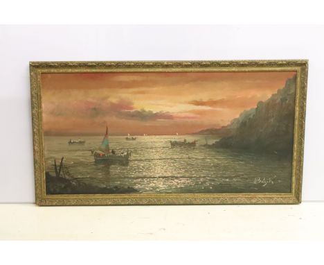 Continental school, seascape with boats at sunrise, oil on board, signed indistinctly lower right, possible E Batzah, 58.5 x 