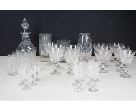 Large selection of mixed glass and silver plate ware to include wine glasses, tumblers and liqueur glasses, a cut glass decan