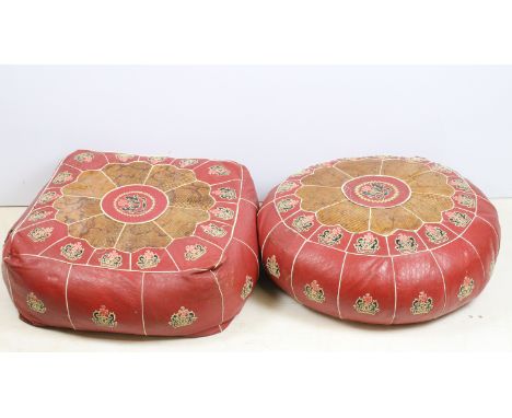 Pair of leather and snakeskin patch pouffes footstools, in square and round form with coat of arms crest embroidery detail, a
