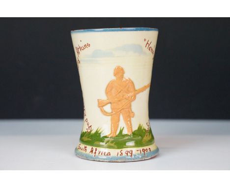 Aller vale pottery, Tommy Atkins 1st &amp; 2nd Bn Devon Regiment, commemorative double handed mug from 1899/1901, marked Alle