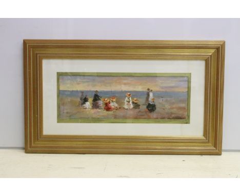 Extensive Impressionist Victorian beach gathering, oil painting, 22.5 x 29.5cm, gilt framed