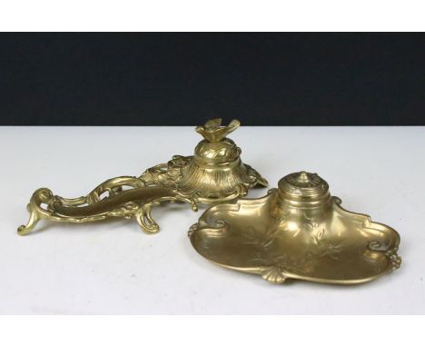 Art Nouveau cast brass and porcelain inkwell pen rest with bird lid W 23cm together with a Victorian brass pen rest with porc