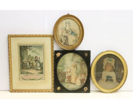 1774 'La Promenade du Matin', hand-coloured engraving together with three 18th century Classical oval portrait stipple engrav