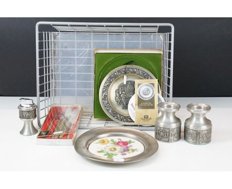 A small collection of mixed pewter to include a pair of Stavanger candlesticks together with matching table lighter. 