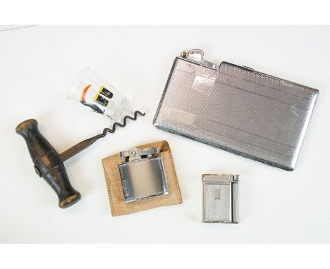 A small group of collectables to include cigarette case, pocket lighter, bottle opener and shot glass.