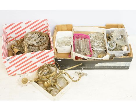 A collection of Victorian and later glass light droplets, chandelier prisms and light fittings together with two bag chandeli