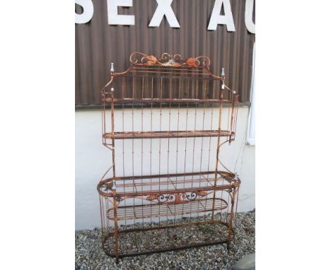 Victorian garden plant shelf unit having five slatted shelves with scrolled foliate details. Measures 192 x 141 cx 42cm. 