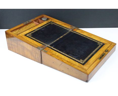 Brass inlay walnut writing slope box with glass inkwell and pen rest W 30cm, D 23.5cm, H 15cm