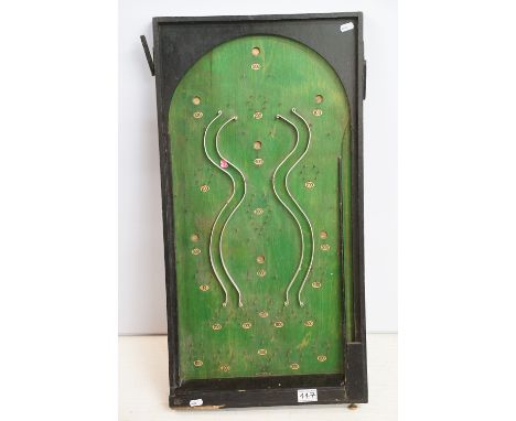 Mid century Bagatelle pinball game board with original balls, H 76cm, W 39.5cm, D 4.5cm