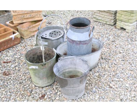 Group of galvanised steel to include milk pail, twin handled planter, and three buckets. Largest measures 53cm wide.