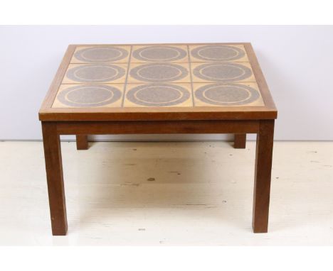 Mid century retro tile topped square coffee table, 40.5cm high x 66.5cm wide x 66.5cm deep