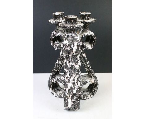 Mid century glazed ceramic tri-candlestick holder by Marius Guige from Vallauris, H 33.5cm