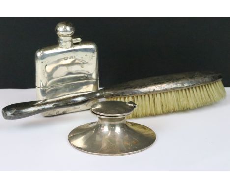 A group of three fully hallmarked sterling silver collectables to include a Hip Flask, capstan ink well and vanity brush.