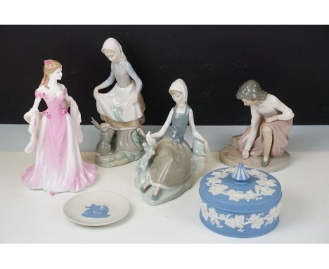 Lladro figurines in the form of girl with rabbit and girl with dove together with Nao woman with marbles and books figure and