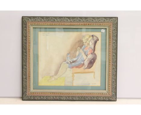 M Davies, portrait of a child sewing, watercolour, signed lower right, titled upper left and dated Feb 1928, 32.5 x 38cm, fra