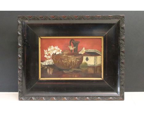 19th / early 20th century, still life study with flowers, butterflies, bowl, flask and casket, oil on board, signed lower rig